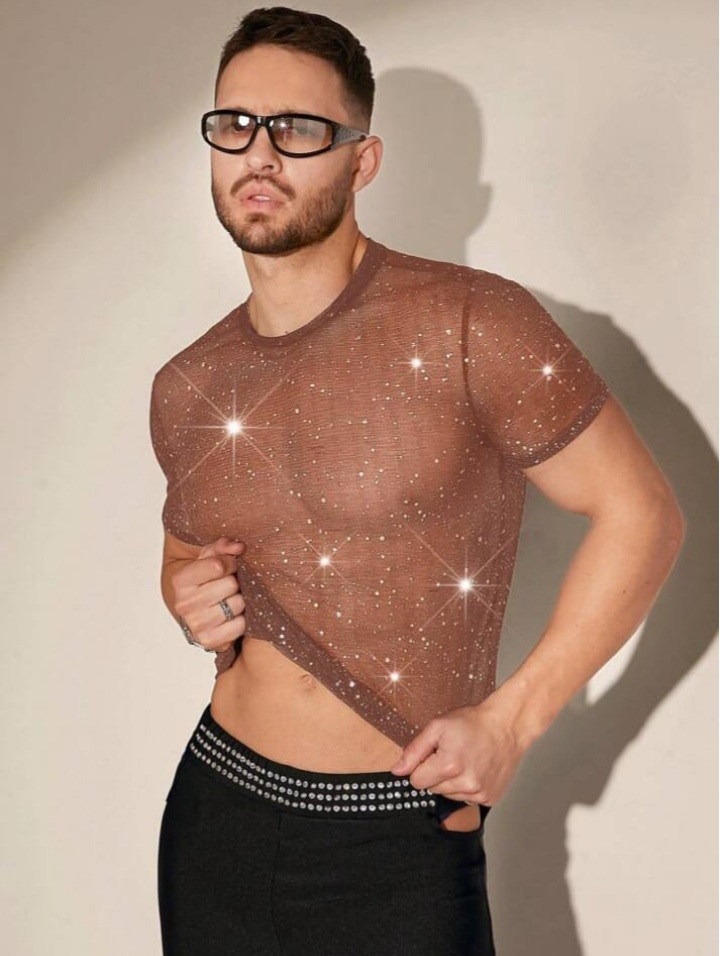 Men's Rhi9nestone Emblished Knit Casual T-Shirt